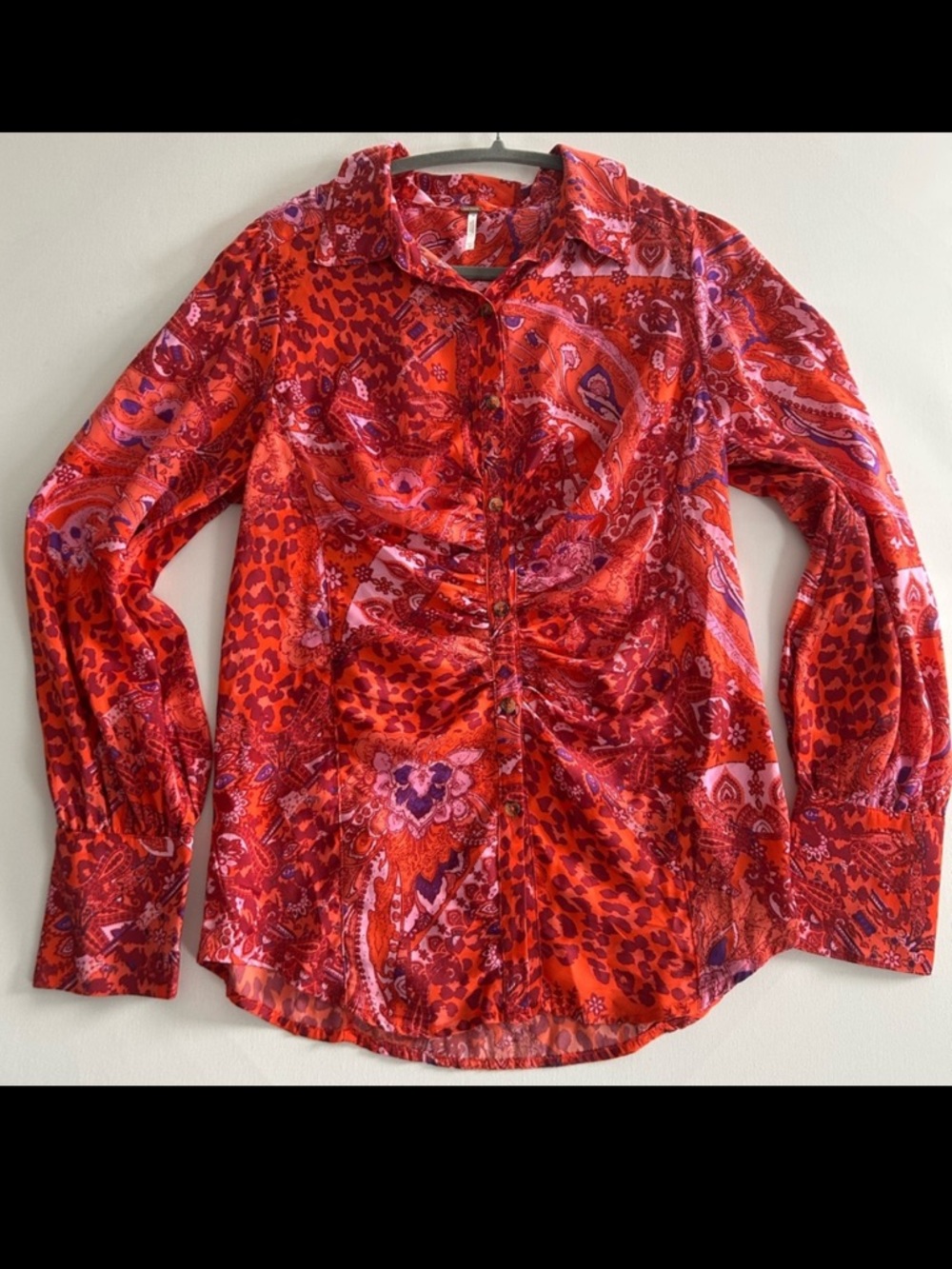 Free People Vibrant Red and Pink Patterned Blouse (bin B)